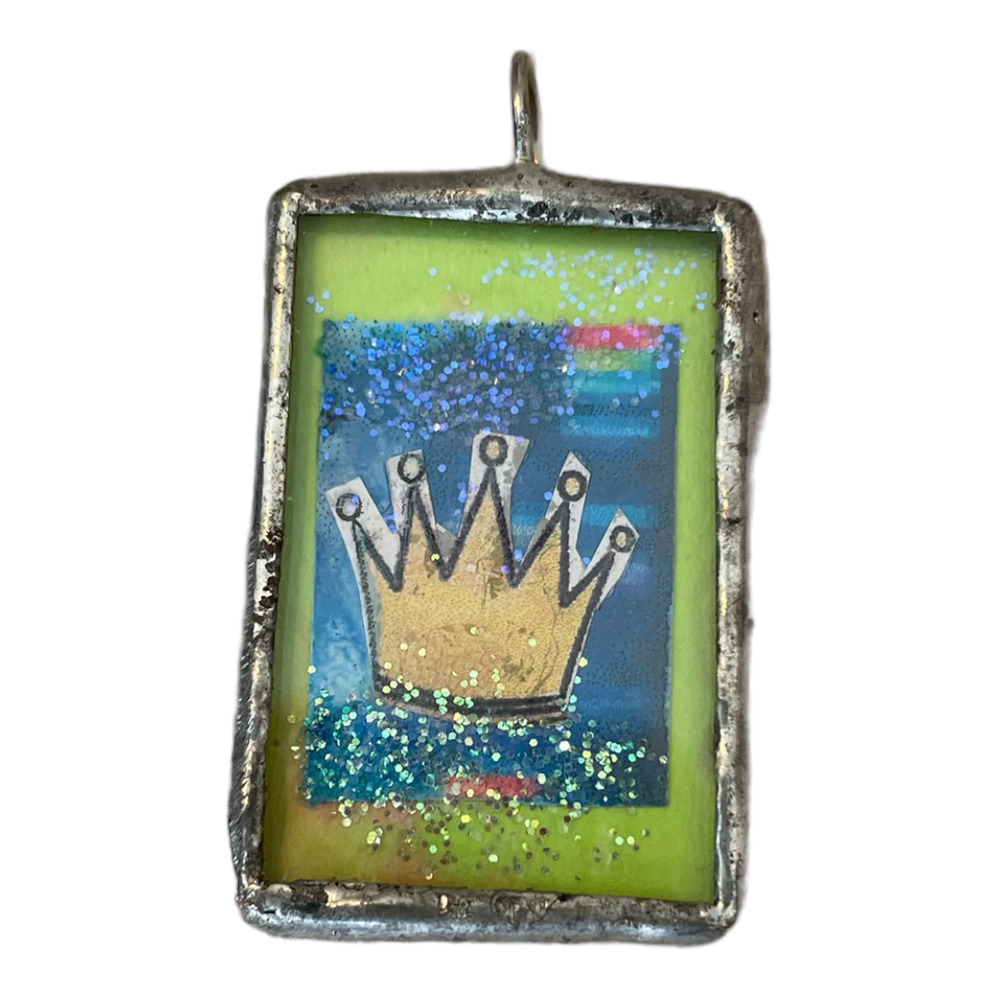 One of a Kind Decoupage Metal and Glass Pendant with Crown